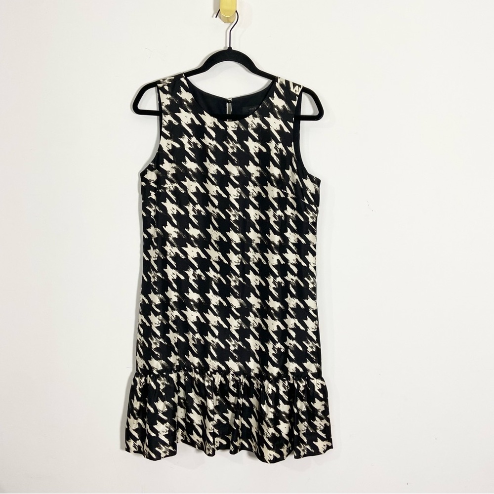 J. Crew Black Ivory Houndstooth Print Silk Sleeveless Scoop Neck Mini Dress